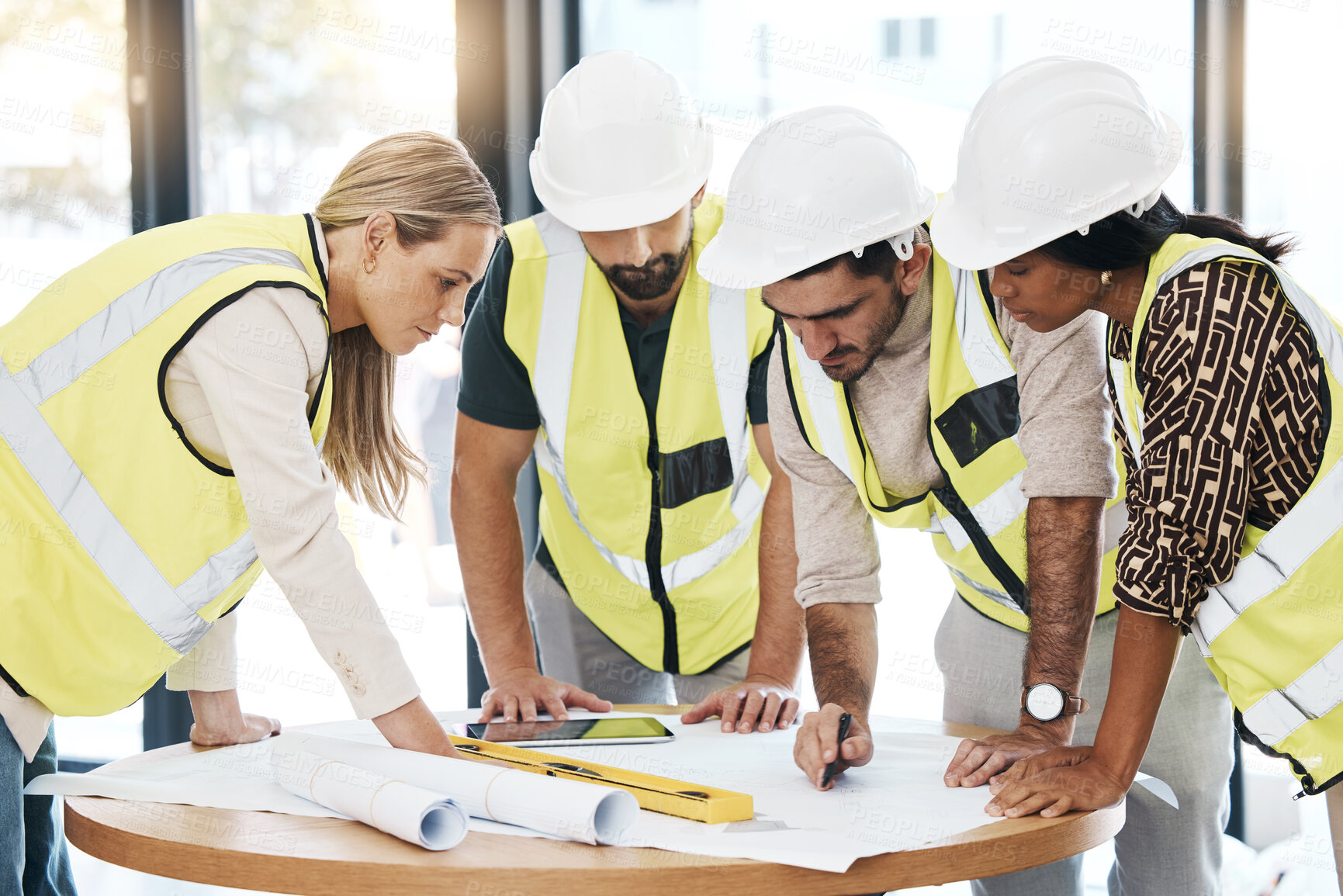 Buy stock photo Teamwork, architecture and engineering planning of a blueprint of an office building in a construction project. Meeting, construction workers or creative designers drawing floor plan task or strategy