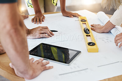 Buy stock photo Architect, team or blueprint on paper, tablet or planning for construction, strategy and building design. Architecture, engineering and teamwork with creative property design in corporate work table 