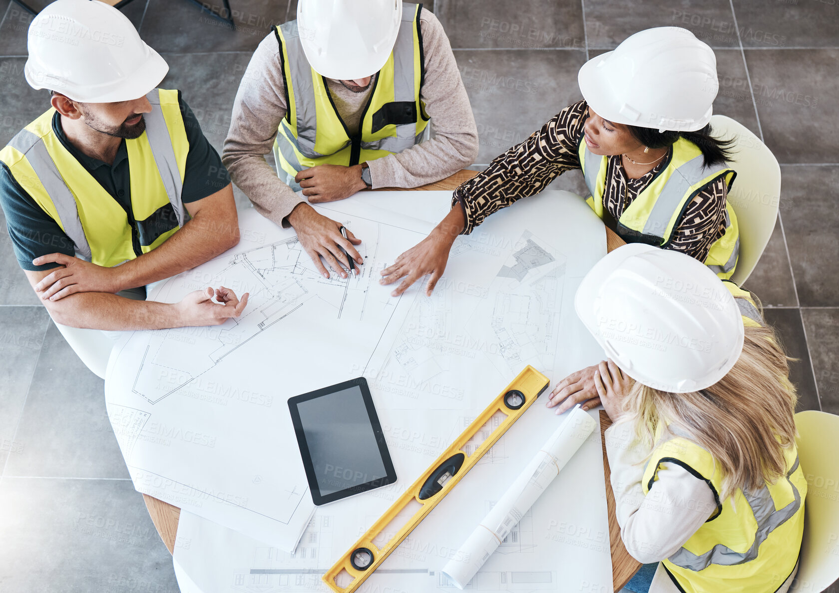 Buy stock photo Above, blueprint and architects planning design of house during meeting for construction and building project with tech. Teamwork, industrial and engineers in collaboration for renovation on paper