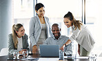 Business people, laptop and meeting for team idea, strategy or collaboration on group project at the office. Employee workers in teamwork, planning or brainstorming for online marketing on computer