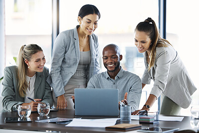 Buy stock photo Teamwork, laptop and team working on a project together with research in modern corporate office. Diversity, technology and business people in collaboration on company strategy planning in workplace.