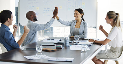Buy stock photo Business meeting, high five and corporate team celebrate target, profit and success of development, marketing and teamwork. Diversity, management and happy, men and women support mission and vision