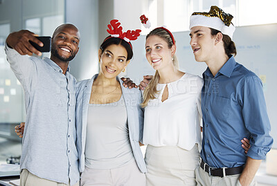 Buy stock photo Business team, office Christmas party and selfie to celebrate, end of year function and happy with holiday event in workplace. Diversity, party and smartphone for success with friends and company