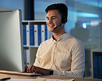 Customer support service employee,  smile  at night and working on helping client with faq solution in digital call center. Telemarketing business, crm consultant at office desk and online consultant