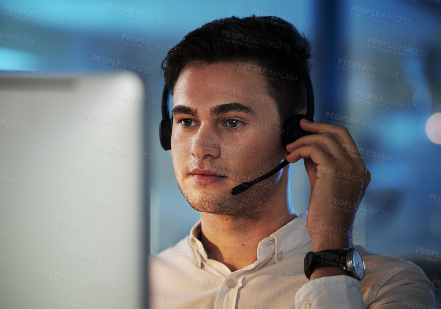 Buy stock photo Call center, telemarketing and support with a man consulting using a headset for communication in his office. Contact us, crm and customer service with a male consultant working in retail or sales