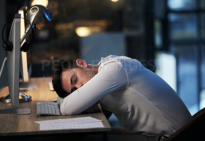 Buy stock photo Man, burnout and sleep in call center office, overworked from working at crm compliance consulting company. Businessman, sleeping and mental health stress from corporate document planning online