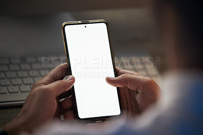 Buy stock photo Hands with smartphone mock up, technology and communication, businessman with phone in marketing or advertising. Internet, connection and 5g network with digital tech for business, web and connect.