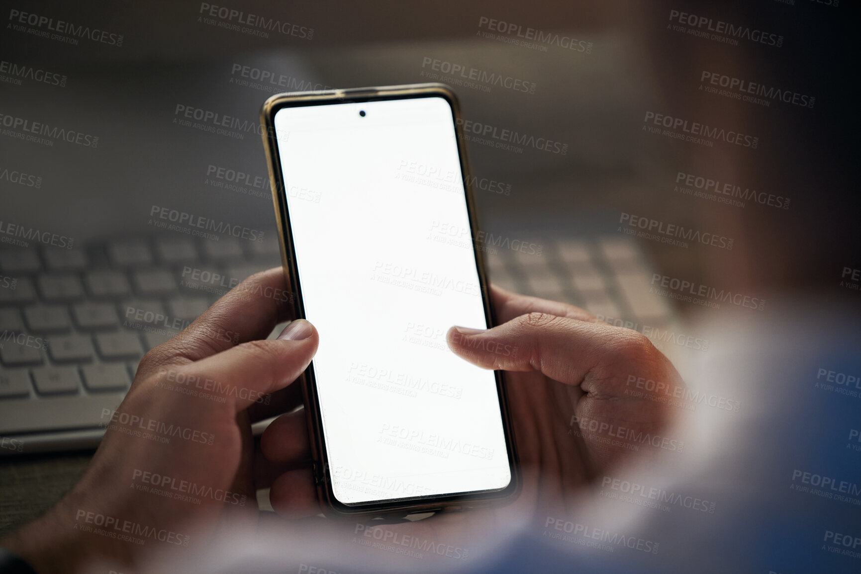 Buy stock photo Hands with smartphone mock up, technology and communication, businessman with phone in marketing or advertising. Internet, connection and 5g network with digital tech for business, web and connect.