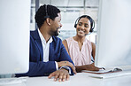 Call center,  business and black people teamwork on sales, telemarketing and crm strategy, management and communication. Financial support, virtual advisor and consultant on computer for training