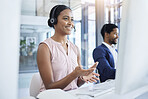 Call center, woman and customer service, consulting, contact us and online help worker talking with headset with computer. Telemarketing, crm or customer support employee smile, happy or work at desk