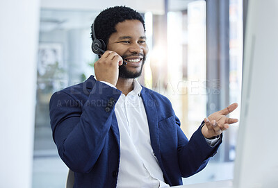 Buy stock photo Call center, customer service and communication with a business black man talking using a headset in his office. Marketing, contact and networking with a male employee working in sales or retail