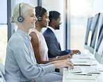 Call center, computer and woman typing with group, office or customer support for online consulting. Contact us, crm and help on pc for customer service, consultant and email communication on web