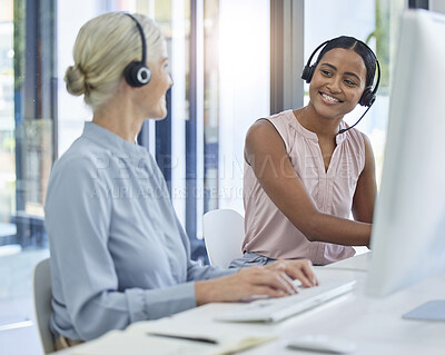 Buy stock photo Contact us, call center and crm team, women coworkers in customer service with headset and smile at desk together. Happy to help, telemarketing agent and teamwork, sales consultant and support office