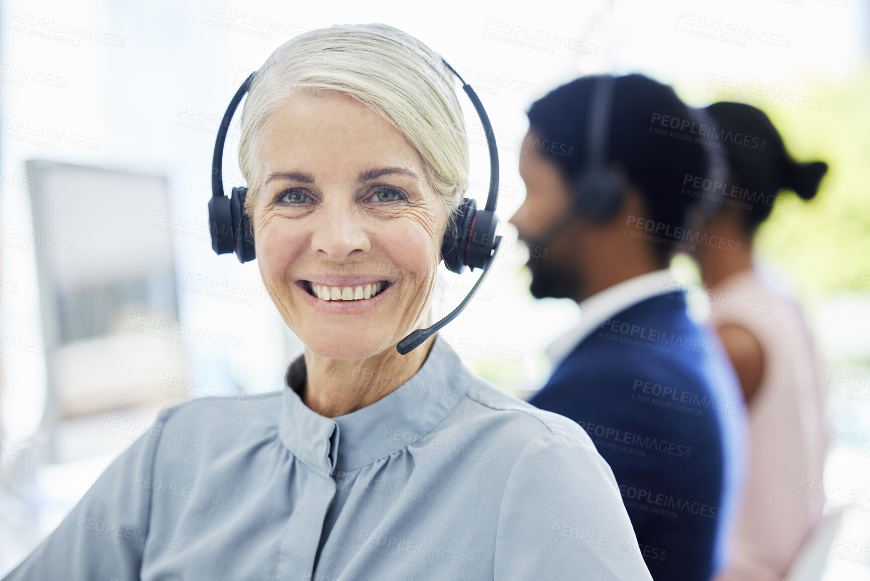 Buy stock photo Portrait, call center and senior woman for customer support, conversation or smile in office, talk and happy. Client service, female agent and mature lady with headset for telemarketing or consultant