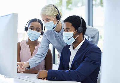 Buy stock photo Covid, mask and call center, manager and help employee, consulting and customer service advice with computer in office. Covid 19, contact us and telemarketing leader, support and feedback crm workers