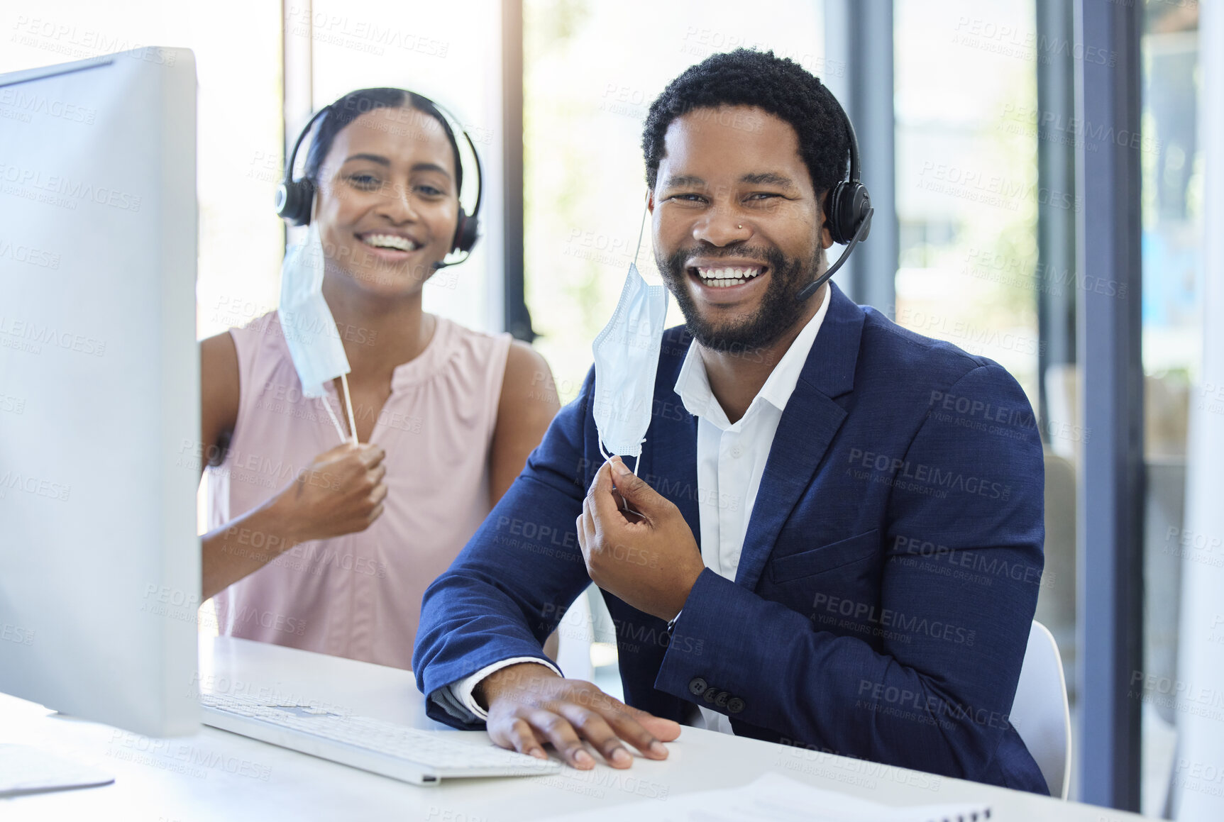 Buy stock photo Business people, call center and telemarketing with smile for customer service or support in office. Man and woman remove mask for end of covid business consultation, team advice or help on computer