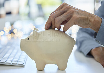 Buy stock photo Money, hand and piggy bank in savings for finance, planning or investment growth at the office. Hands of business employee in financial investing strategy, banking and coin save for insurance plan