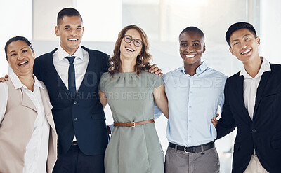 Buy stock photo Teamwork, diversity and portrait of business people in collaboration, working and support at a corporate company. Executive employees with trust, motivation and smile for solidarity at agency