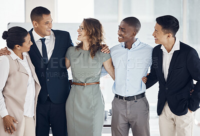 Buy stock photo Business people, group diversity and communication together for teamwork, team building and office cooperation. Conversation, talking or discussion for about us, faq and equality workplace with trust