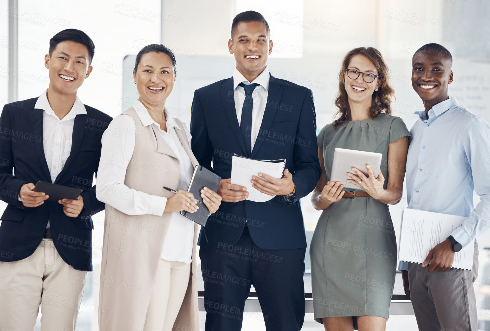 Buy stock photo Portrait of diversity business people with notebook, tablet and stand together in group solidarity, support and collaboration. Teamwork, staff meeting and corporate workforce working on strategy idea