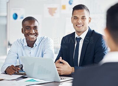 Buy stock photo Meeting, laptop and finance with a business man and team in discussion together in an office boardroom. Computer, accounting and teamwork with a male employee group working with documents on a table