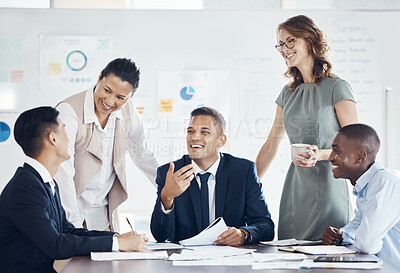 Buy stock photo Teamwork, diversity and happy people in business meeting having discussion, talking and brainstorming together. Planning, strategy and business people working with graphs, paperwork and analytics