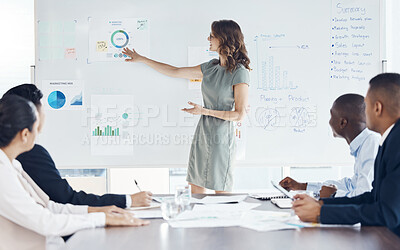 Buy stock photo Woman in office, presentation of seo workshop in meeting to team or investment charts for financial management. Leader teaching group, business people learning strategy and training analytics goals