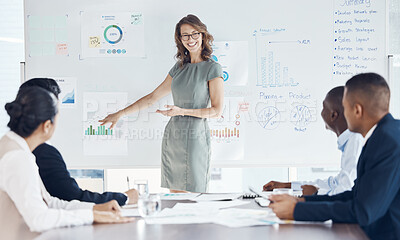 Buy stock photo Business woman, leadership and coaching on whiteboard for marketing strategy, meeting or presentation at the office. Happy female manager or mentor teaching employee workers company graph analytics