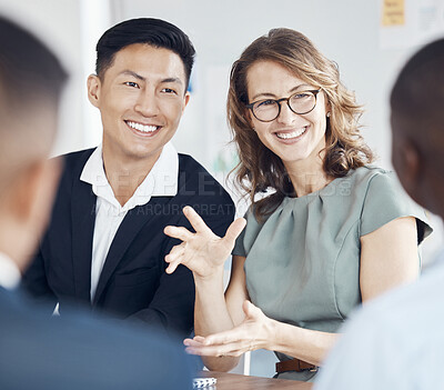 Buy stock photo Marketing, planning and business people in a meeting, discussion and corporate collaboration at work. Diversity, teamwork and employees explaining a strategy with a smile while working together