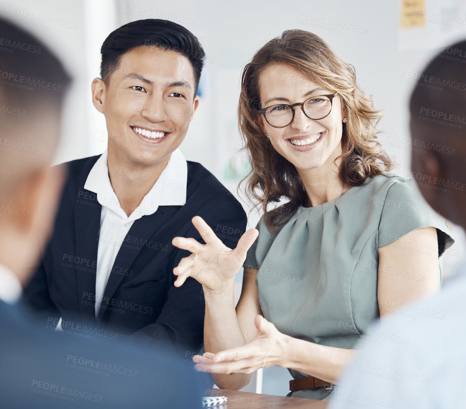 Buy stock photo Marketing, planning and business people in a meeting, discussion and corporate collaboration at work. Diversity, teamwork and employees explaining a strategy with a smile while working together