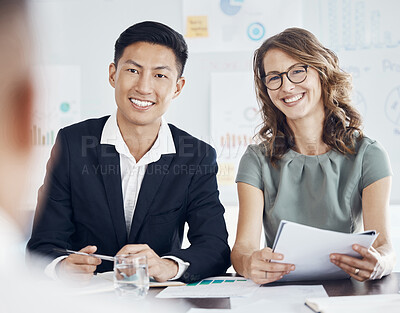 Buy stock photo Business meeting, partnership and team in b2b discussion with graphs or infographics for financial budget for startup proposal idea. Diversity of asian man and a woman consulting in corporate office