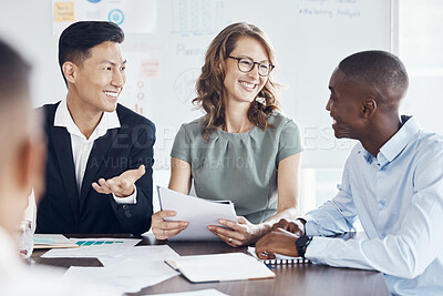 Buy stock photo Marketing, planning and business people with report in a meeting, smile and happy with analysis of growth at a startup. Partnership, strategy and employees in conversation about company analytics