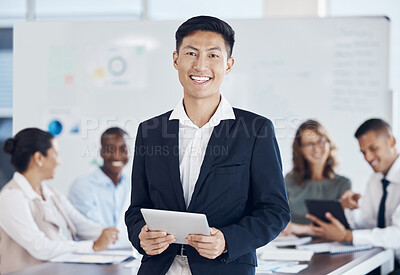 Buy stock photo Portrait, tablet and meeting with an asian business man teaching or coaching his team in the boardroom. Training, workshop and technology with a male employee working with his staff in a boardroom