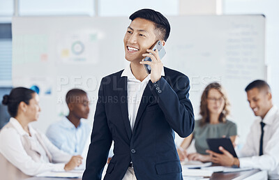 Buy stock photo Businessman, phone call and networking with communication, conversation and meeting with workers in office. Asian man, ceo and leader in workshop, talking and mobile smartphone at group work seminar