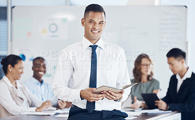 Buy stock photo Meeting, presentation and coaching with a business man teaching his team while working together in the boardroom. Leadership, finance and management with a portrait of a male employee at work