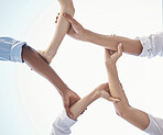 Support, diversity and business people connect arms for unity, strength and community in company. Teamwork, collaboration and employees hands in circle for motivation, team building and innovation