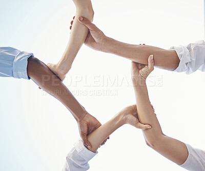 Buy stock photo Support, diversity and business people connect arms for unity, strength and community in company. Teamwork, collaboration and employees hands in circle for motivation, team building and innovation