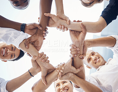 Buy stock photo Team, hands and employee support for team building motivation on mission goals. Diversity, business teamwork and holding hands for success or trust collaboration in corporate startup community
