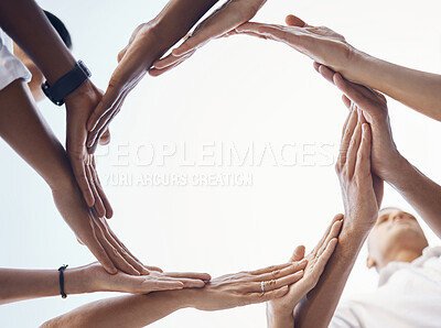 Buy stock photo Teamwork, circle and synergy hands of business people with support, collaboration and coworking in team building mock up. Integration, group formation and workflow sign of employee with support below