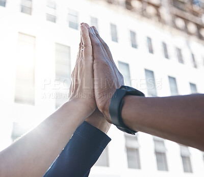 Buy stock photo Business people, hands and high five in city for success, community support or global company growth progress. Zoom, teamwork collaboration or motivation hand gesture in employee team building goals