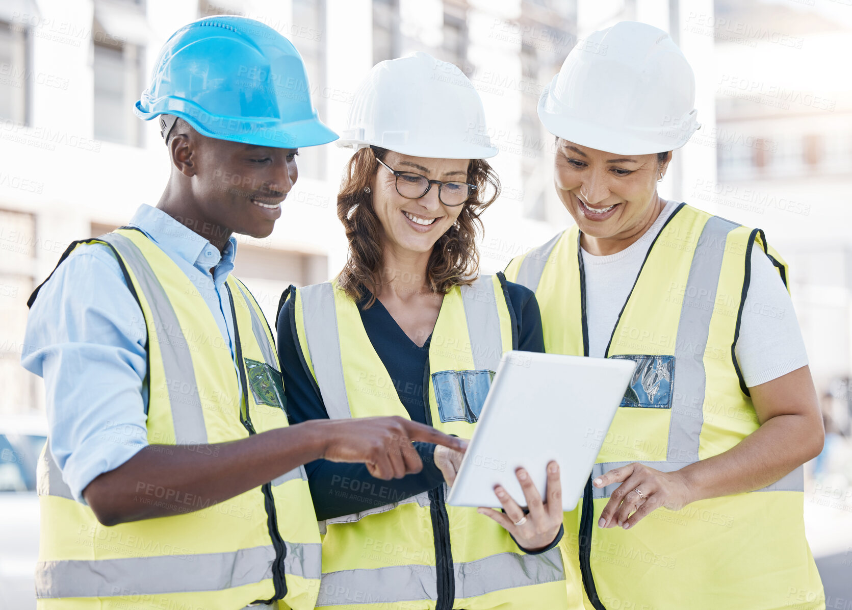 Buy stock photo Construction, tablet and teamwork on a building project outdoor while planning and talking strategy, idea and vision together. Diversity, engineering and software for development, innovation and plan