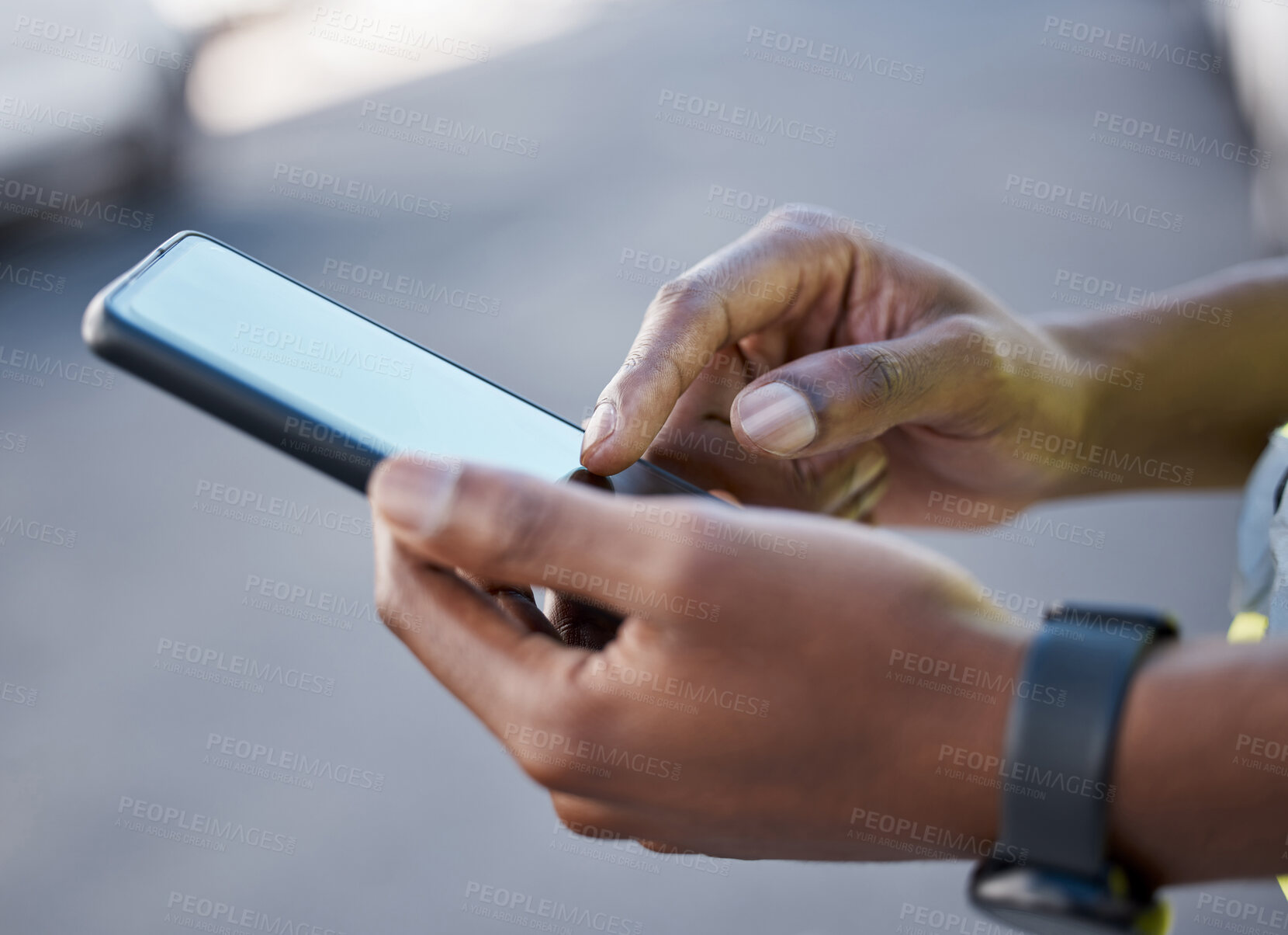Buy stock photo Zoom, black man hands with phone for networking, social media or 5g communication app in street, road or city. Travel, hand or man with technology, contact us or website search on smartphone internet