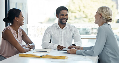 Buy stock photo Meeting, teamwork and architecture with a business group planning a building project in an office boardroom. Architect, designer and engineer working together in collaboration as a team on a design