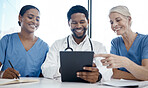 Doctor, team and tablet in meeting with smile for medical strategy, planning or schedule at the hospital. Healthcare professional employee workers in business discussion for insurance on touchscreen