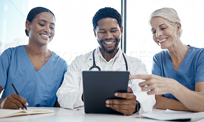 Buy stock photo Doctor, team and tablet in meeting with smile for medical strategy, planning or schedule at the hospital. Healthcare professional employee workers in diversity for insurance discussion on touchscreen