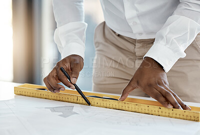 Buy stock photo Measure, blueprint and architecture hands drawing lines for project development construction planning and design process contractor. Floor plan and tools of civil engineering black man table zoom