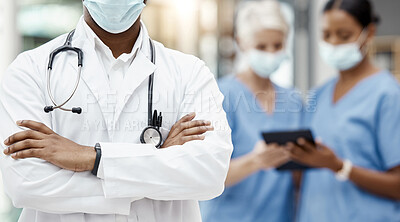 Buy stock photo Leadership, covid or black man doctor in hospital with stethoscope for healthcare vision, mission or goal motivation. Medical, medicine or insurance nurse for health, surgery or wellness in clinic