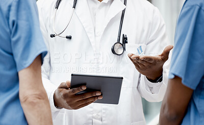 Buy stock photo Digital tablet, teamwork and team of doctors planning a medical strategy together in the hospital. Collaboration, technology and closeup of a group of healthcare workers working on a mobile device.