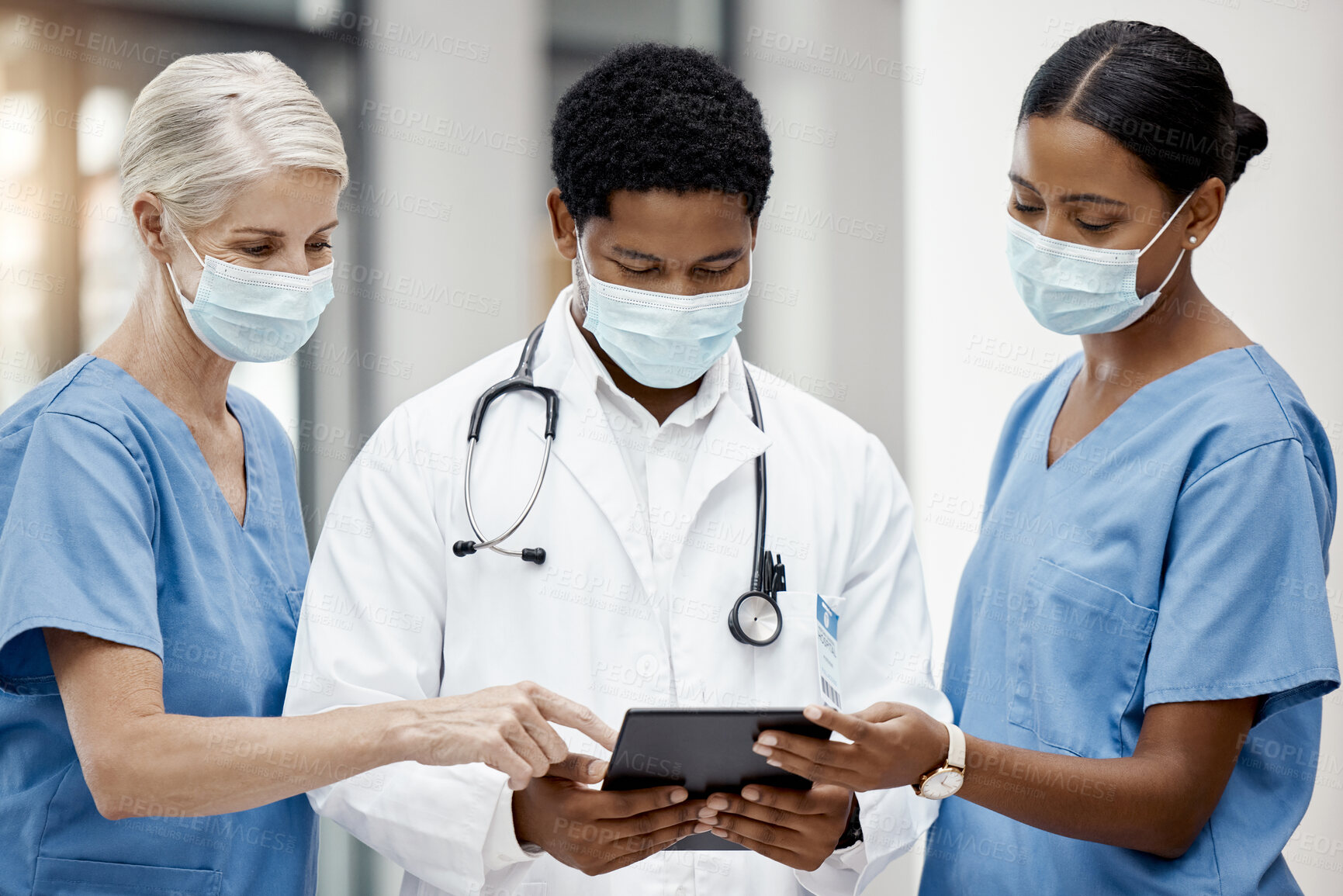 Buy stock photo Doctor, team and tablet planning covid treatment plan with nurse and surgeon team online. Digital tablet, hospital and medical staff collaborate on coronavirus research on the internet for health 