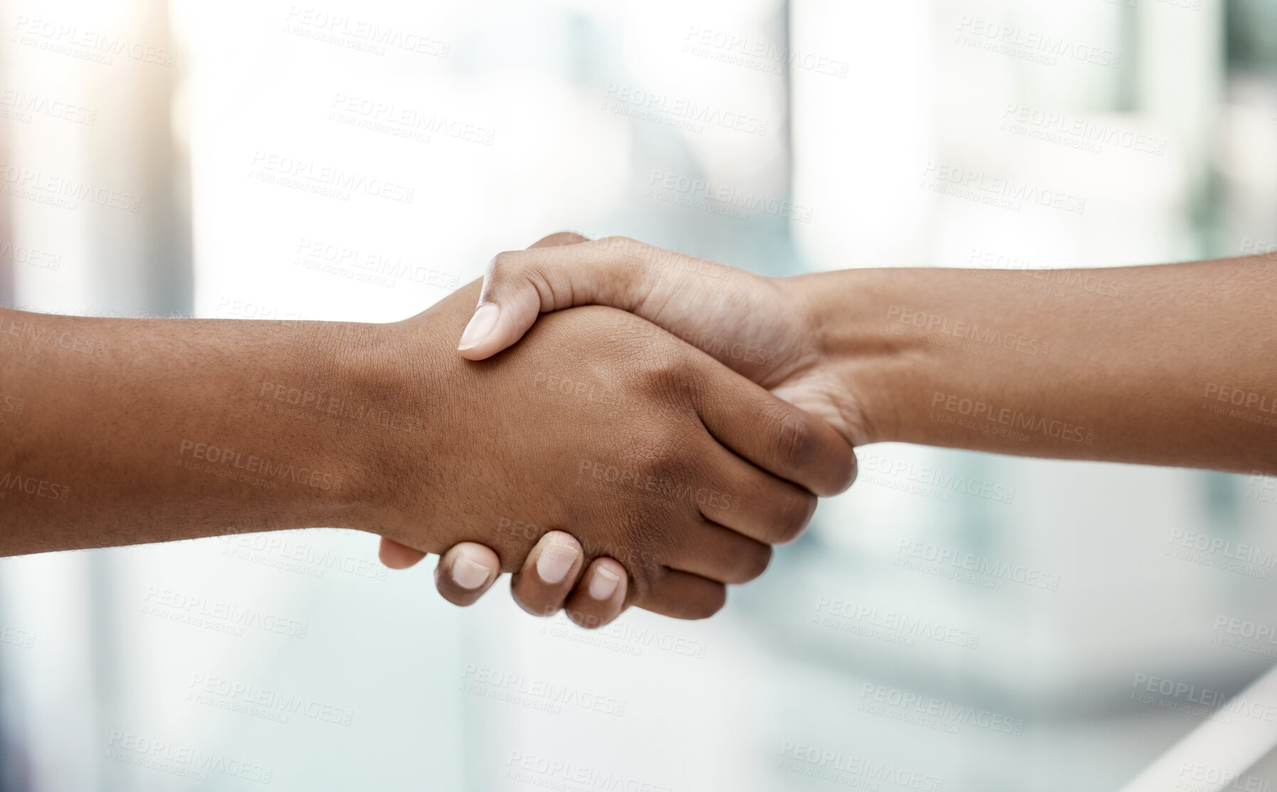 Buy stock photo Handshake, interview and human resources manager networking with a businessman in an office building. We are hiring, diversity and business people shaking hands after a successful negotiation meeting